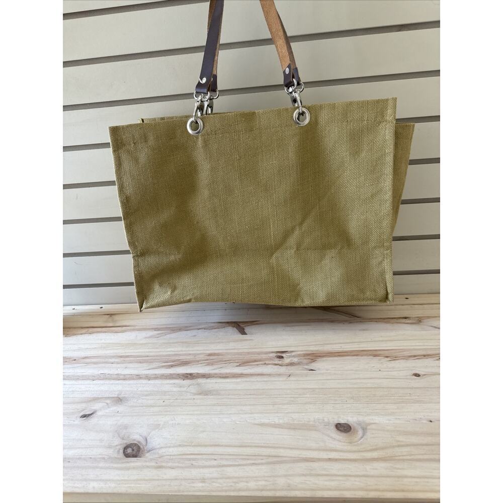 Natural Burlap Jute Tote Bag w/leather handles 17x7x12" M On The Front - Picture 6 of 8